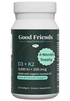 Frasco Good Friends Health Society D3 y K2, etiqueta frontal