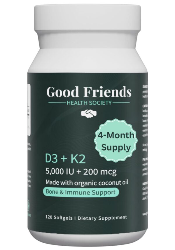 Frasco Good Friends Health Society D3 y K2, etiqueta frontal