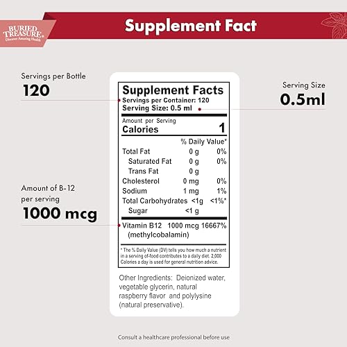 Frasco con gotas B12 methylcobalamina Buried Treasure vista lateral