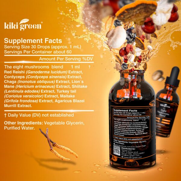 Frasco gotas extracto líquido complejo hongos adaptógenos Kiki Green
