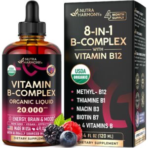 Frasco gotas líquidas Vitamina B Complejo orgánico USDA