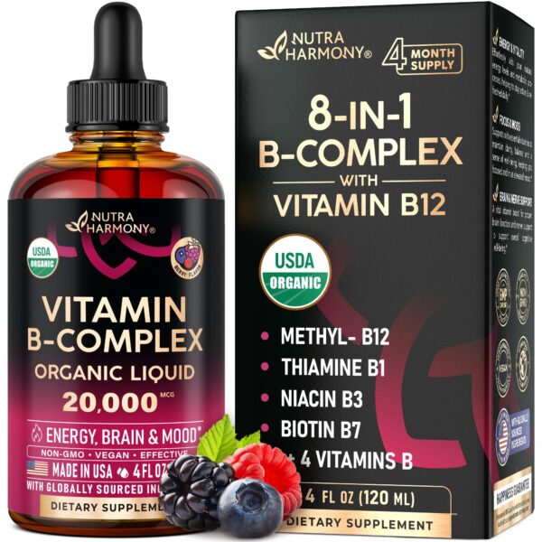Frasco gotas líquidas Vitamina B Complejo orgánico USDA