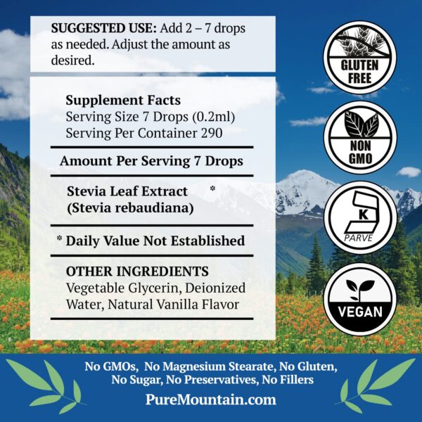 Frasco con gotas de stevia líquida sabor vainilla sin alcohol