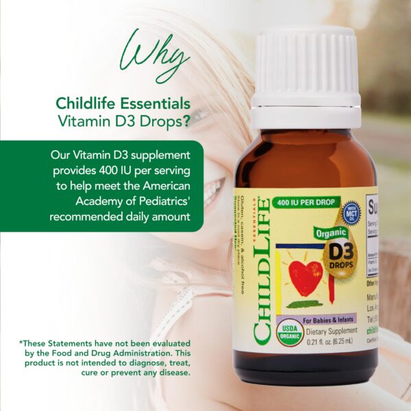 detalle etiqueta ChildLife Essentials gotas vitamina D3 bebé recién nacido