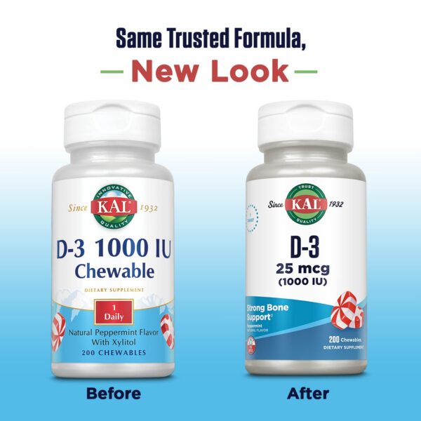 Frasco KAL Vitamina D-3 fácil de masticar sabor menta