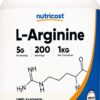 Frente del frasco de L-Arginina Nutricost 1 kg