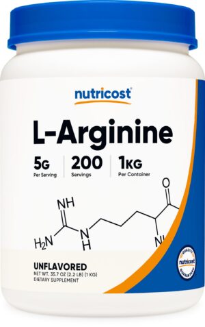 Frente del frasco de L-Arginina Nutricost 1 kg