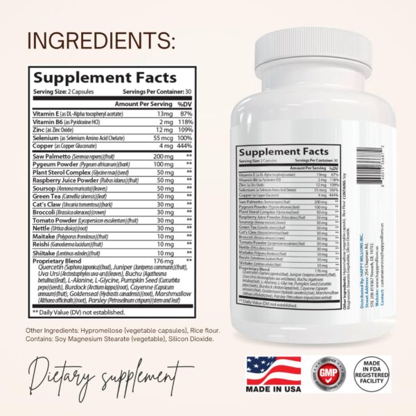 Vista lateral frasco suplemento próstata Happy Millions