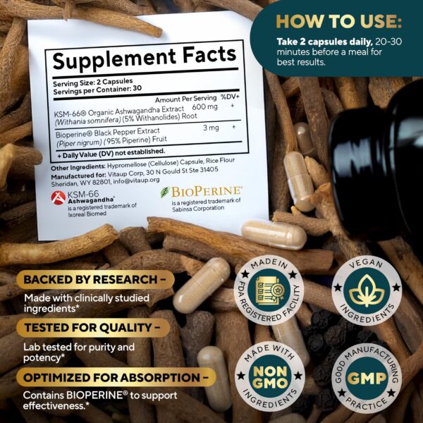 Frasco lateral suplemento VitaUp Ashwagandha KSM-66 natural 60 caps