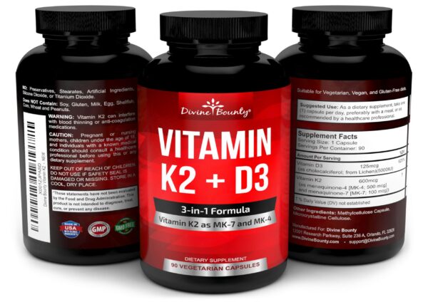 Frasco lateral vitamina k2 mk7 mk4 d3 suplemento salud divina bounty