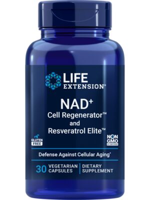 Frasco de Life Extension NAD+ Regenerator y Resveratrol Elite