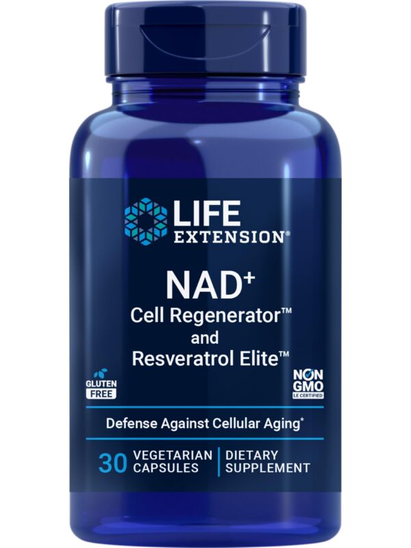 Frasco de Life Extension NAD+ Regenerator y Resveratrol Elite