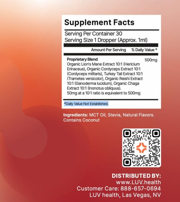 Version 1.0.0 Frasco LUV health Flow Drops con mezcla de hongos adaptógenos naturales