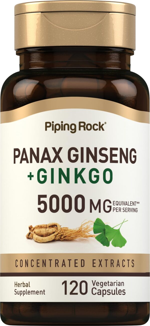 Frasco marrón Piping Rock Panax Ginseng 5000mg 120 cápsulas
