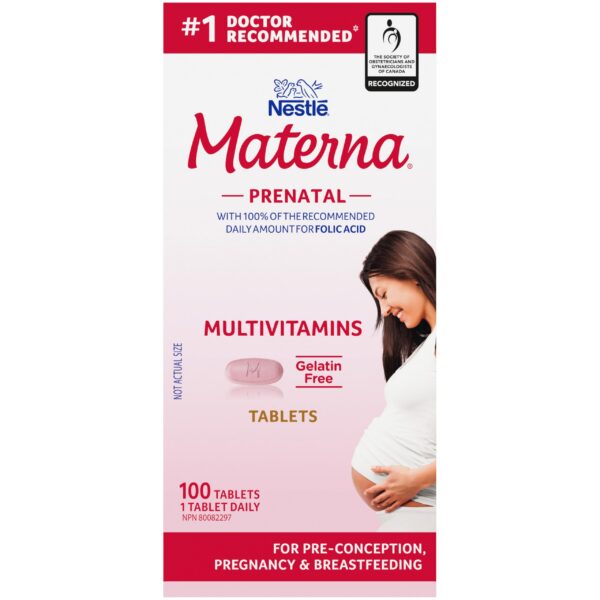 Frasco Materna Nestlé vitaminas prenatales y postparto 100 tabletas