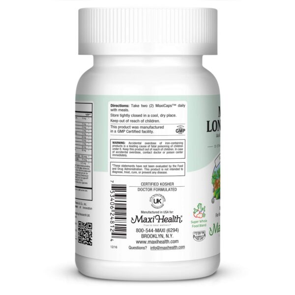 Frasco de Maxi Health Longevity con cápsulas visibles