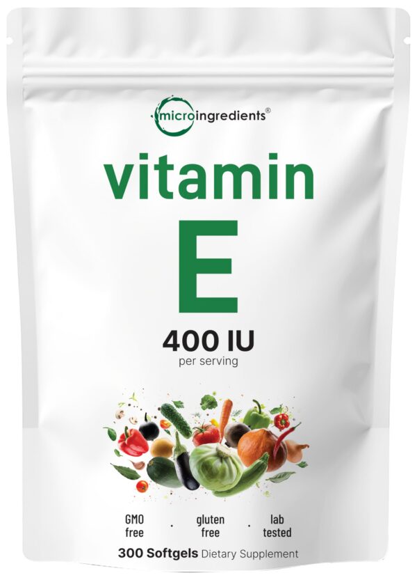 Frasco Micro Ingredients Vitamina E 400 UI con 300 cápsulas