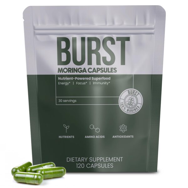 Frasco de Moringa Burst en etiqueta frontal