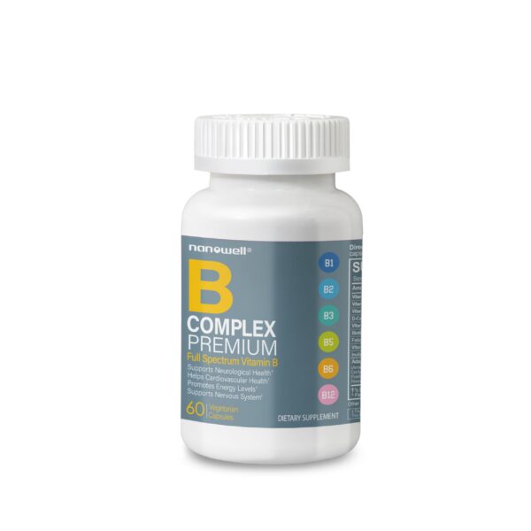 Frasco Nanowell complejo vitamina B premium adaptógenos 60 cápsulas