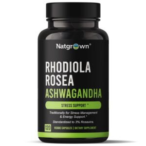 Frasco Natgrown cápsulas Rhodiola Rosea y Ashwagandha
