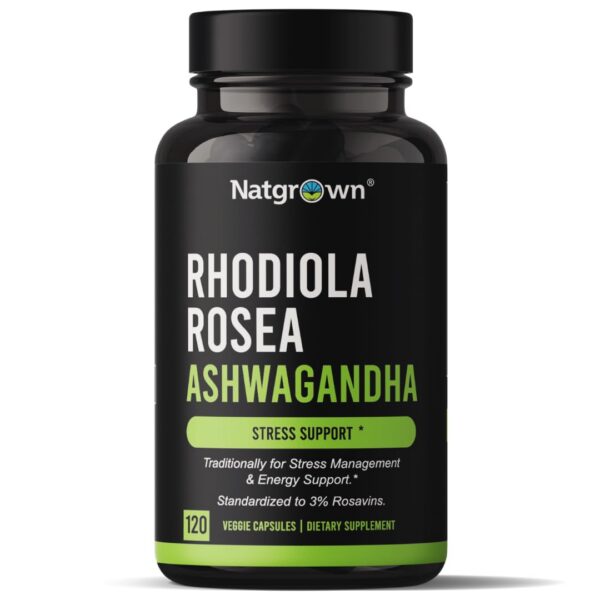 Frasco Natgrown cápsulas Rhodiola Rosea y Ashwagandha