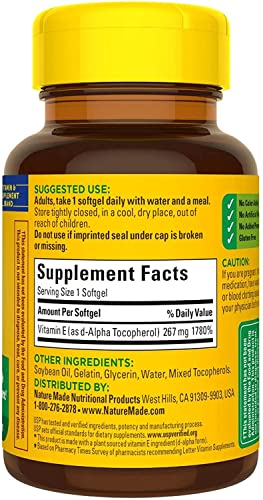 Frasco Nature Made Vitamina E 400 UI sin colorantes ni gluten