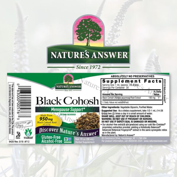 Frasco Nature's Answer cohosh negro sin alcohol para menopausia