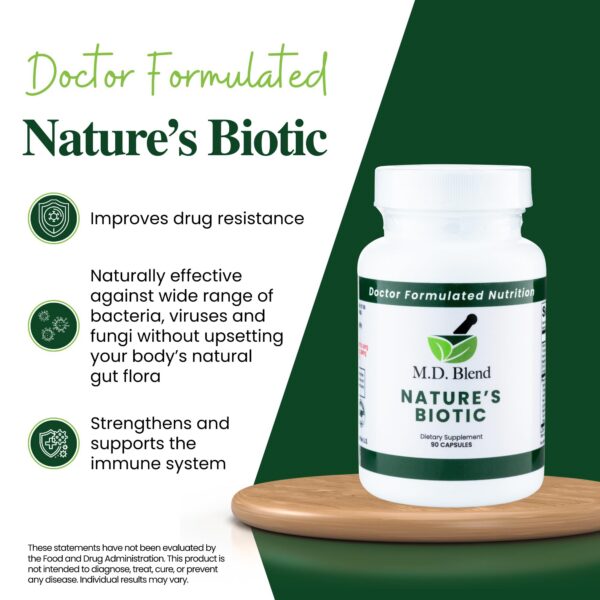 Frasco de suplemento Nature’s Biotic mostrando etiqueta