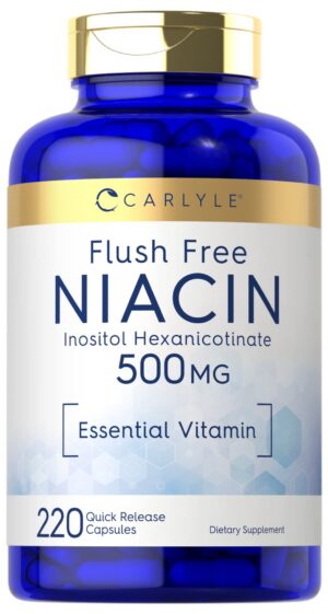 Frasco de niacina sin rubor 500mg Carlyle con 220 cápsulas