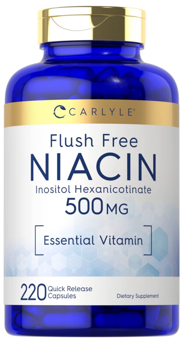 Frasco de niacina sin rubor 500mg Carlyle con 220 cápsulas