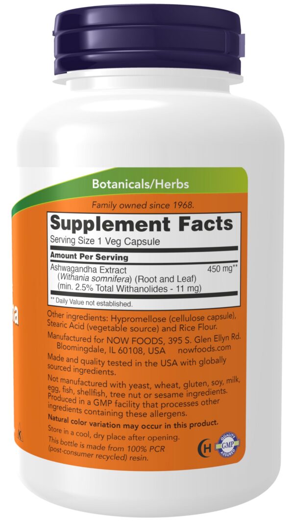 Frasco Now Foods Ashwagandha 450 mg suplemento natural