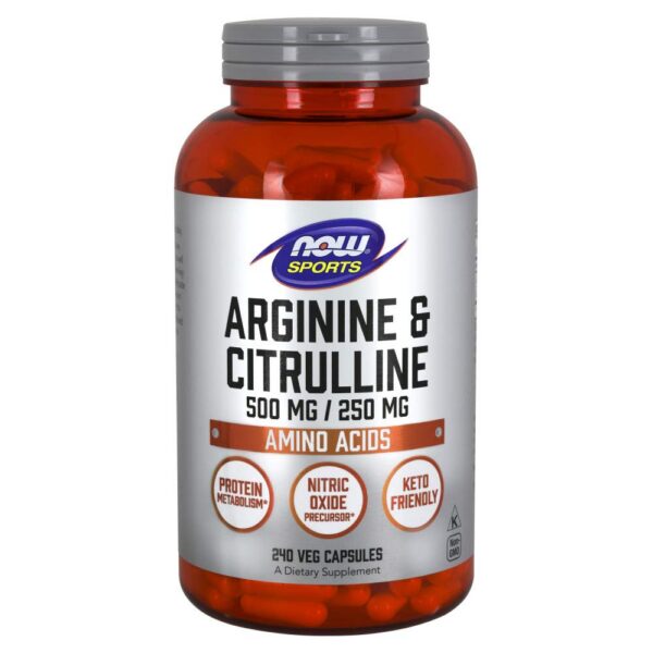 NOW Sports Arginina Citrulina cápsulas vegetales frasco