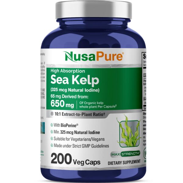 Frasco de NusaPure Sea Kelp 200 capsulas