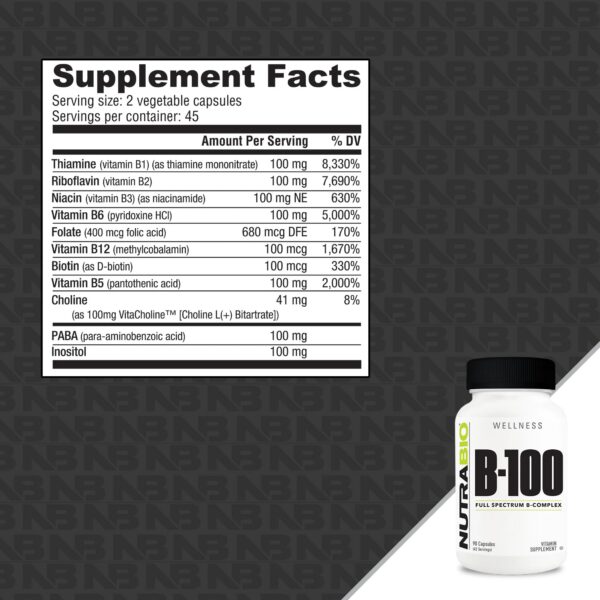 Frasco de NutraBio B-100 vitaminas B para energía y salud