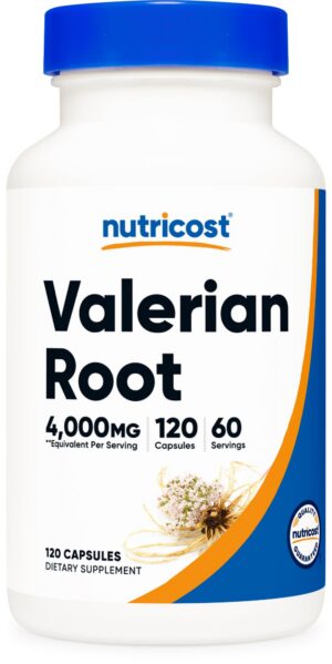 Frasco Nutricost cápsulas raíz de valeriana 120 unidades