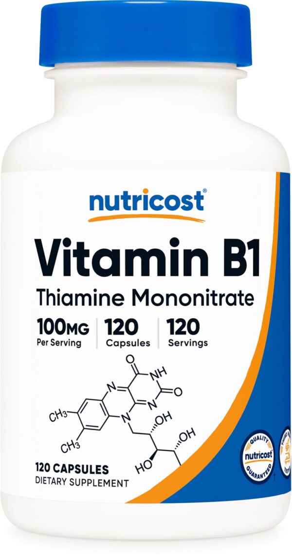 Frasco Nutricost vitamina B1 100 mg 120 cápsulas libre gluten
