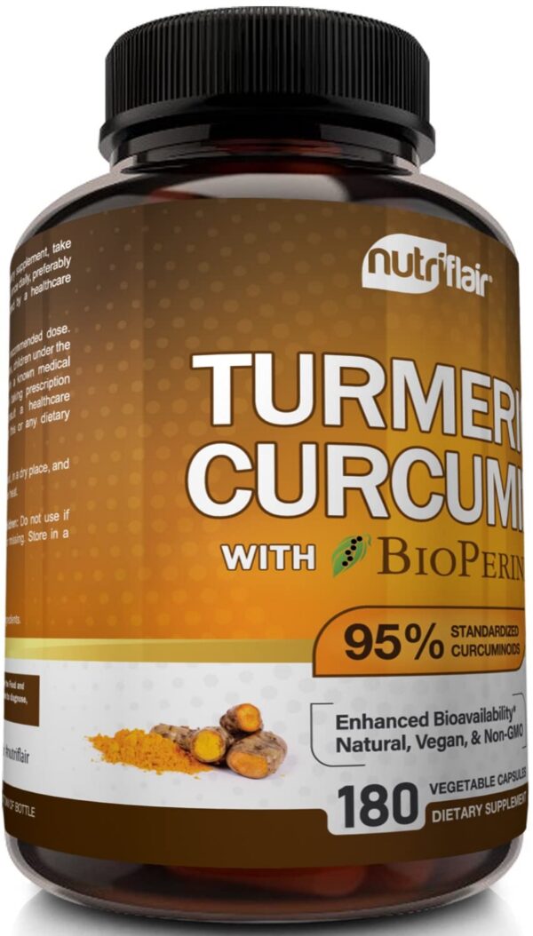 Frasco suplemento NutriFlair cúrcuma con 180 cápsulas