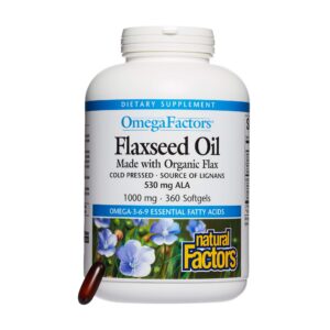 Frasco de Omega Factors Natural Factors aceite de linaza 360 cápsulas