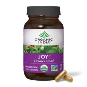 Version 1.0.0 Frasco de Organic India Joy suplemento herbal 90 cápsulas