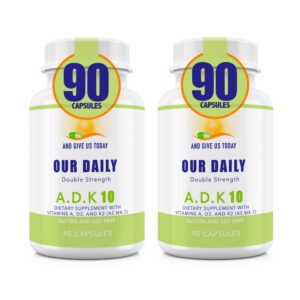 Frasco Our Daily Vites ADK 10 vitaminas A D3 K2 180 cápsulas