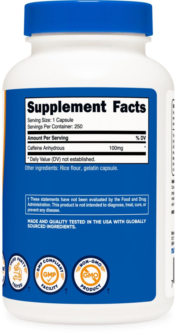 Caja y frasco de pastillas de cafeína Nutricost 250 cápsulas