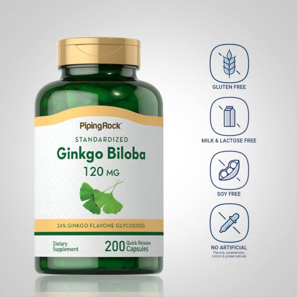Frasco Piping Rock Ginkgo Biloba 200 cápsulas etiquetado