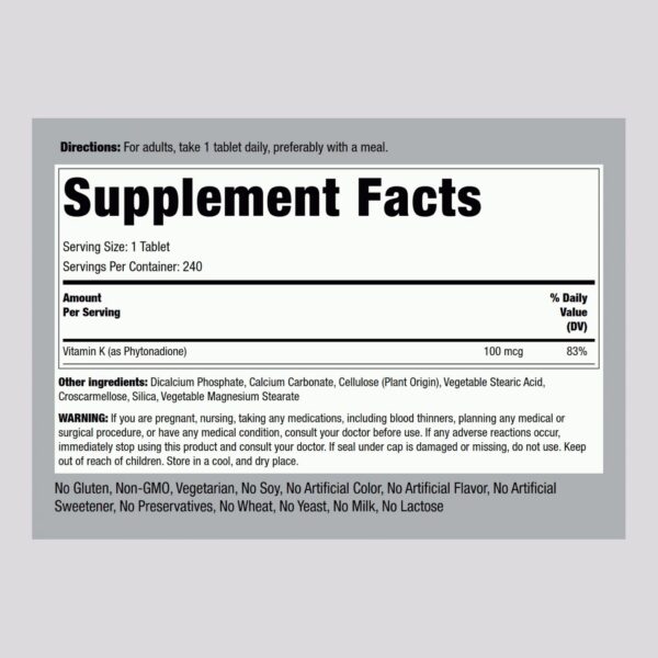 Frasco Piping Rock Vitamina K tabletas vegetarianas 240