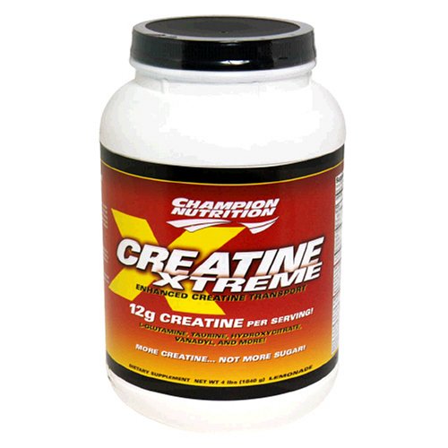 Frasco de plástico con etiqueta de Champion Nutrition Creatine Xtreme