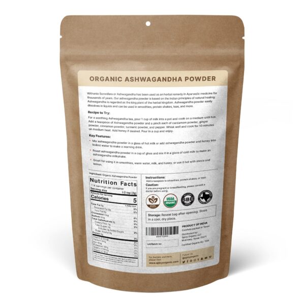 Frasco con polvo de ashwagandha certificado orgánico