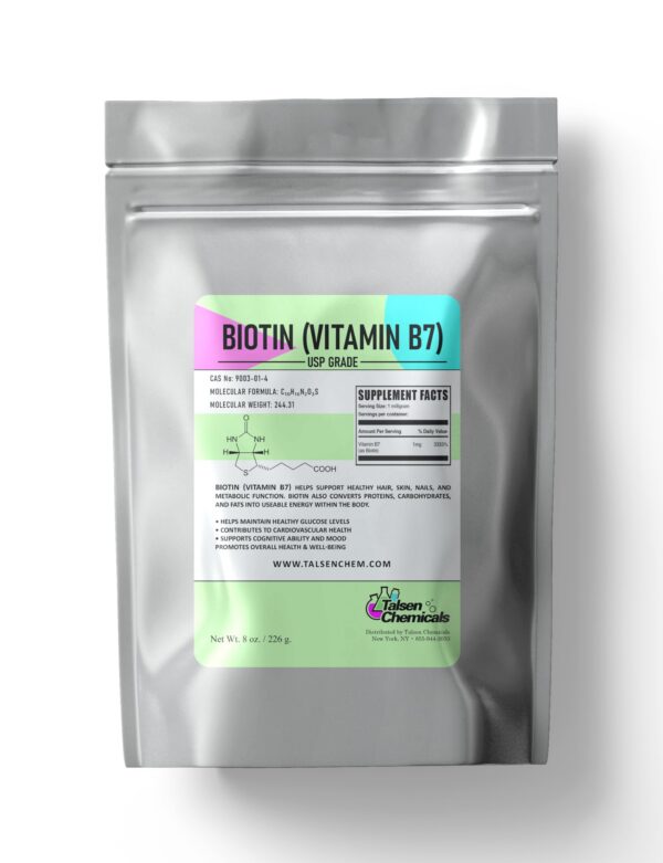 Frasco polvo de biotina vitamina B7 Talsen Chemicals
