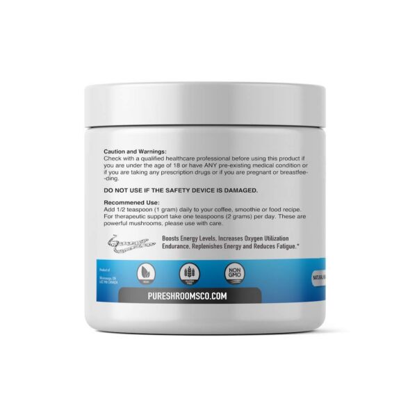 Frasco con polvo de hongos cordyceps para suplemento natural