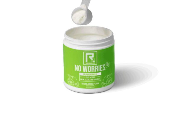 Frasco y polvo No Worries Rx suplemento de acción rápida