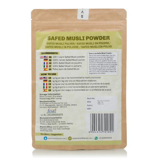Frasco con polvo SVATV Safed Musli para uso herbal tradicional