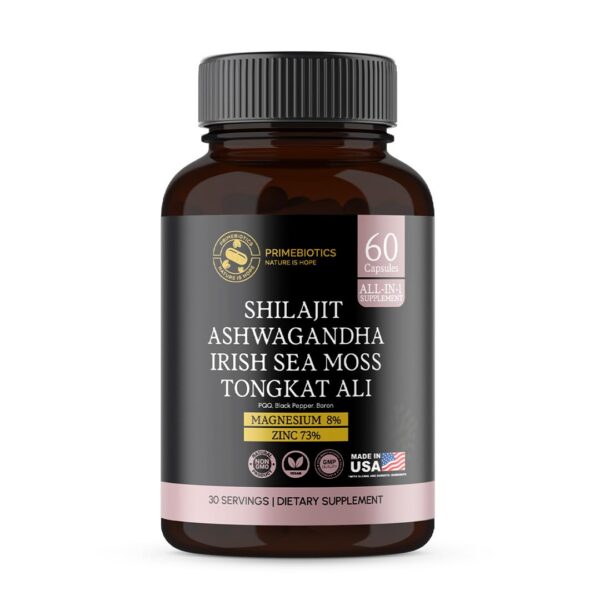 Frasco PrimeBiotics suplemento Shilajit y hierbas